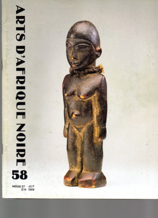 First  cover of 'ARTS D'AFRIQUE NOIRE. NO. 58 ETÉ (1986). [MAGAZINE]. TEXT: FRENCH.'